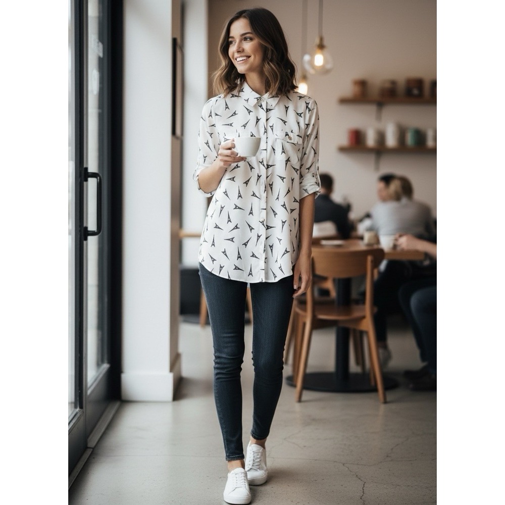 Karl Lagerfeld White Long Sleeve Button-Up Shirt Black Eiffel Tower Print - Picture 1 of 8